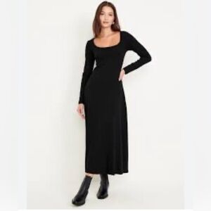 Old Navy Ribbed Square Neck Long Sleeve Cotton Maxi Dress Slits sz XLT Black New